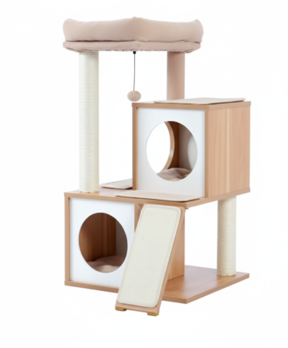 Arbre à chat en bois clair avec nid perché taille M