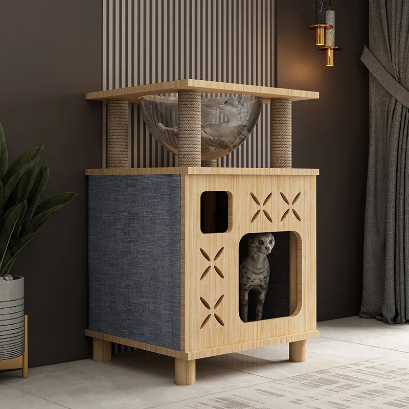 Arbre A Chat Design En Bois - Meuble Avec Griffoir - Litière Intégrée Avec Hamac