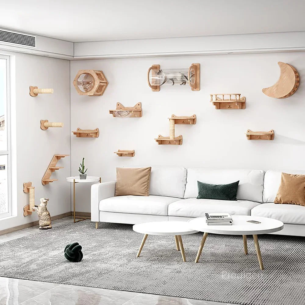 Arbre A Chat Mural En Bois Hamac Escalier Griffoir - Aventureciel