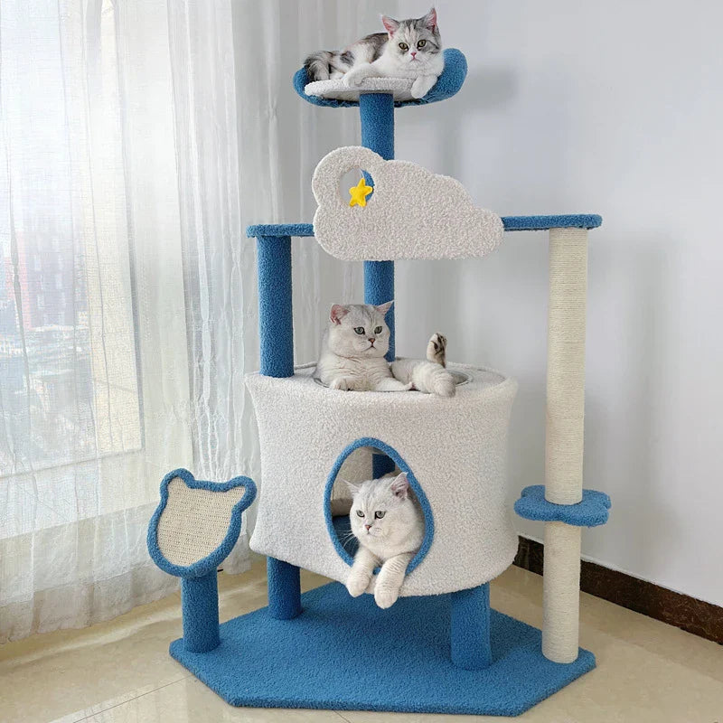 Arbre À Chat Nuage Avec Perchoir Et Cabane - Modèle "nuagebleu"