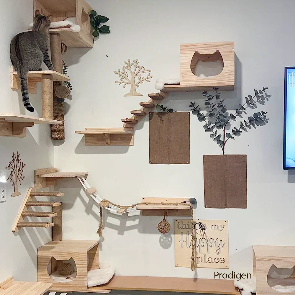 support mural pour gamelles de chat en bois