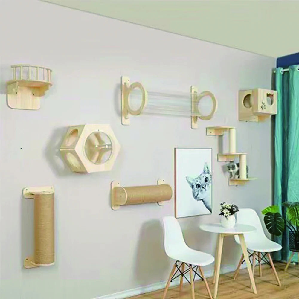 Arbre A Chat Mural En Bois Avec Tube Transparent - Merveillesmurales