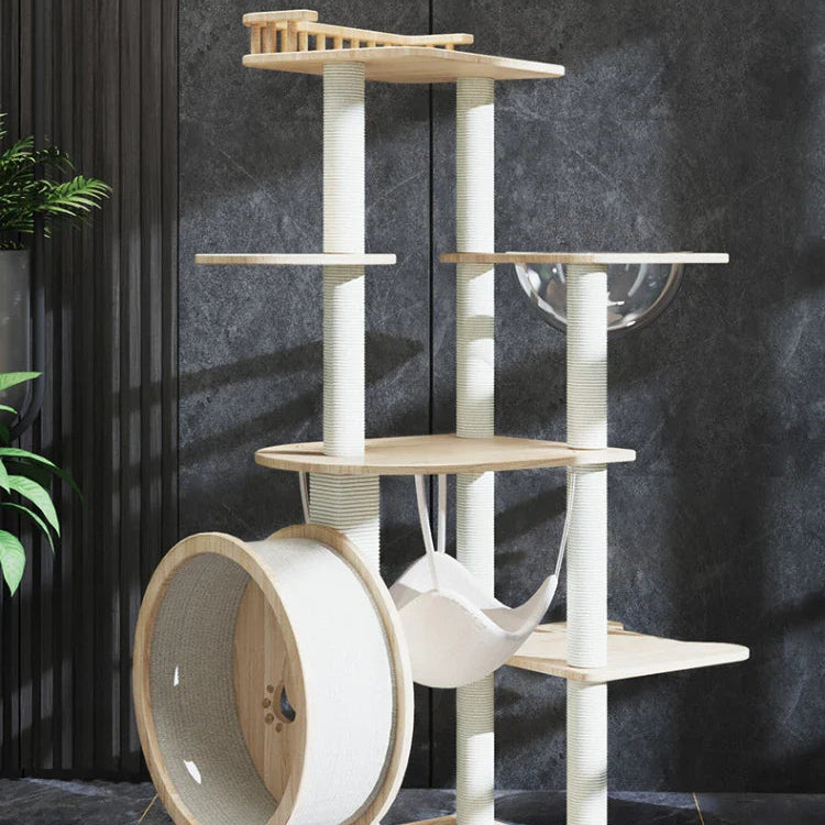 Arbre A Chat Design - Bois Blanc Avec Roue Et Hamac - Paradis De Chat